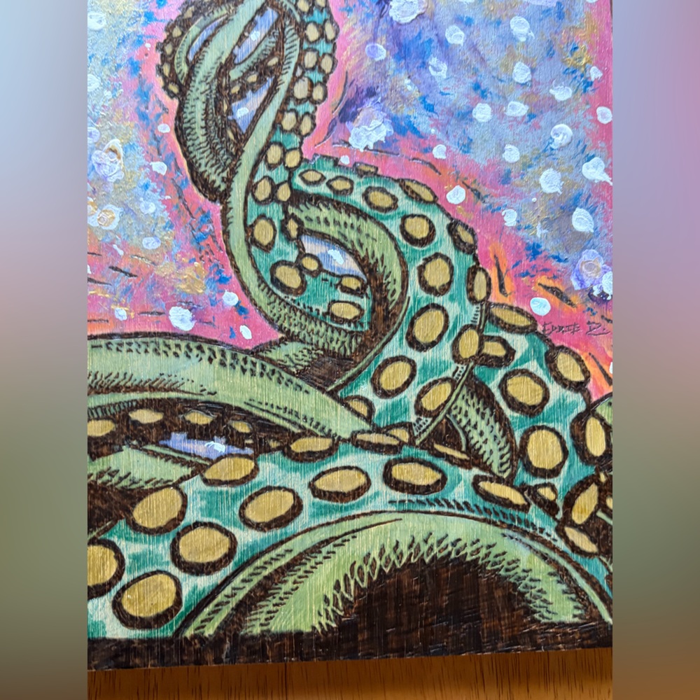 Octopus Tentacle Pyrography on Wood Panel Mixed Media Painting Wall Art 17X9 - Picture 5 of 16